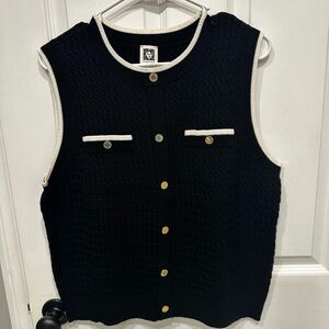 Anne Klein Black Knit Sleeveless Cardigan with Cream Trim and Gold Buttons
